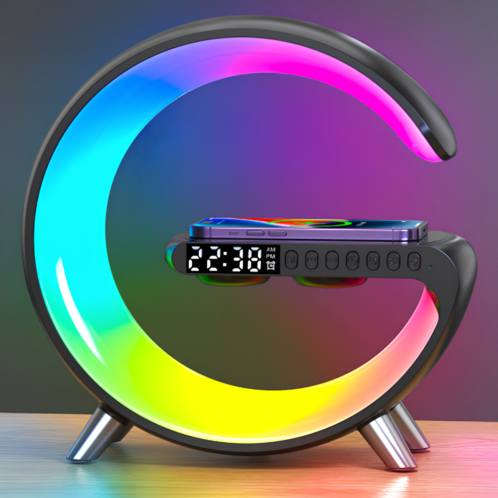 G-Shaped LED Lamp – Wireless Speaker, 15W Charger & Alarm