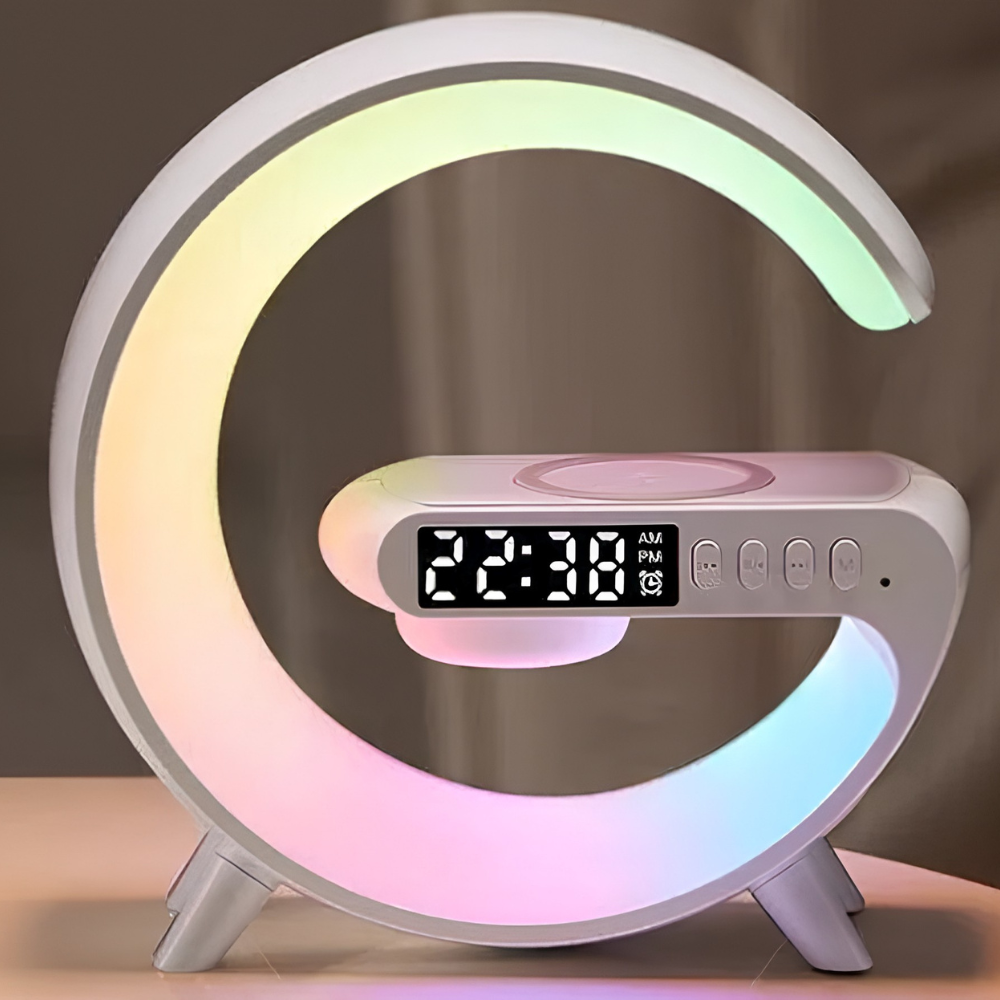G-Shaped LED Lamp – Wireless Speaker, 15W Charger & Alarm