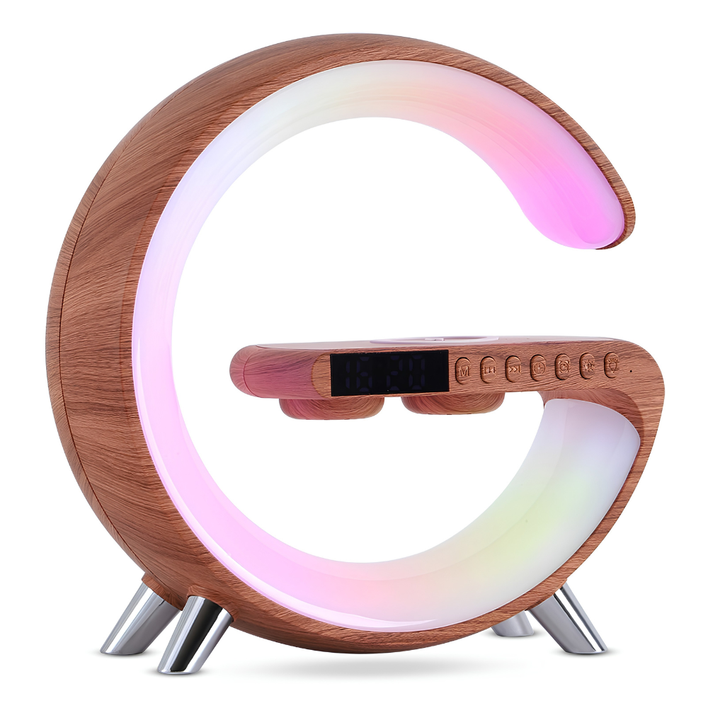G-Shaped LED Lamp – Wireless Speaker, 15W Charger & Alarm