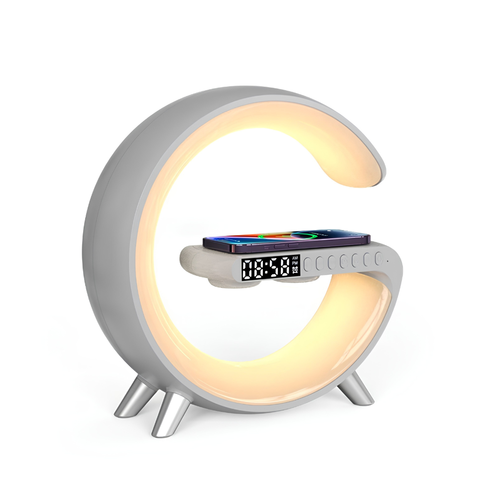 G-Shaped LED Lamp – Wireless Speaker, 15W Charger & Alarm