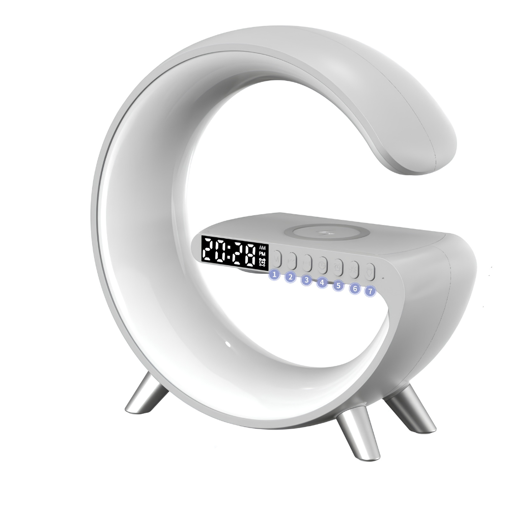 G-Shaped LED Lamp – Wireless Speaker, 15W Charger & Alarm