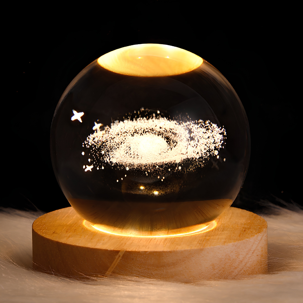 3D Galaxy Crystal Night Light – LED USB Lamp with Wood Base